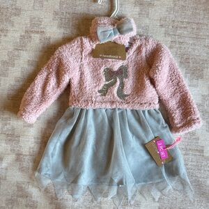 Young Hearts Soft Pink Fuzzy Baby Dress with Headband and Bloomers size 12M NWT